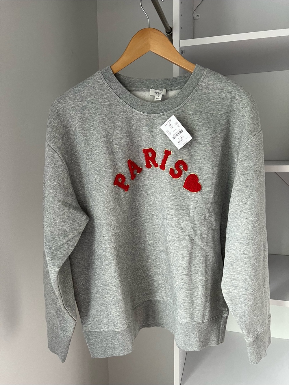 NWT Jcrew Gray 'PARIS' Heart Sweatshirt with Red Chenille Letters